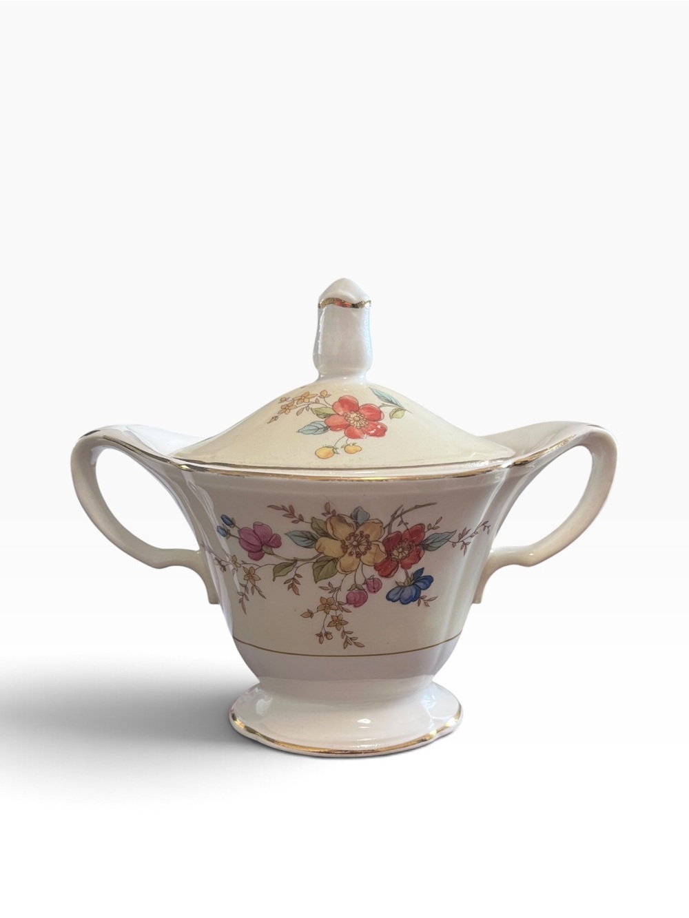 Vintage Edwin M Knowles Hostess Sugar Bowl Lid Floral Gold Trim USA